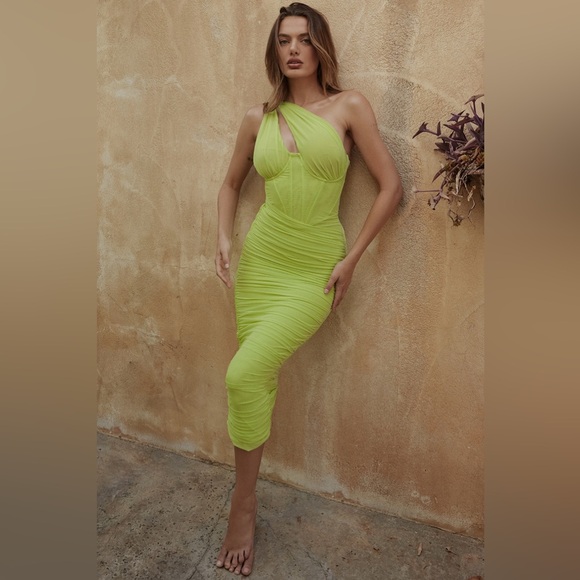House of CB Dresses & Skirts - NWT House of CB Valentina Lime Asymmetric Cutout Midi Dress Size XS
